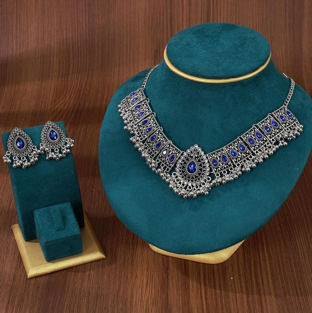 Vintage Teardrop Gemstone Earrings & Diamond Bead Necklace Set