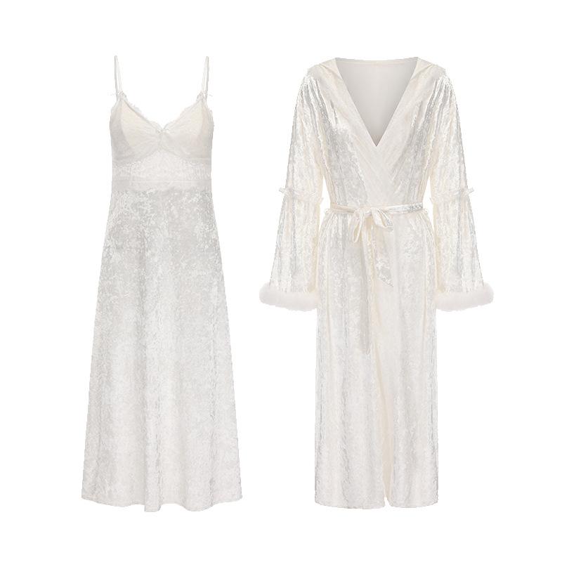Women's Velvet Sheer Mesh Padded Cami Sleep Dress with Robe Lounge Set