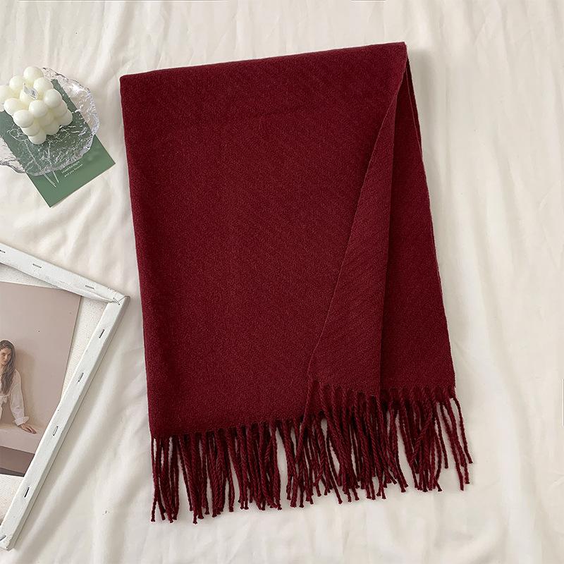 New Autumn and Winter Wool Scarf for Women Versatile Solid Color Scarf  Thickened Warm Shawl  Simple Tassel Red Scarf