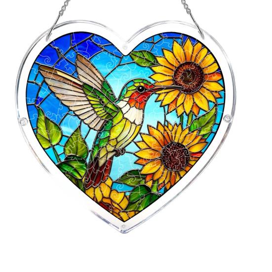 Bookish Acrylic Puzzle Suncatcher, Stained Glass Style Window Hanging Ornament, Hummingbird Floral Book DIY Sun Catcher Kit for Home Decor,