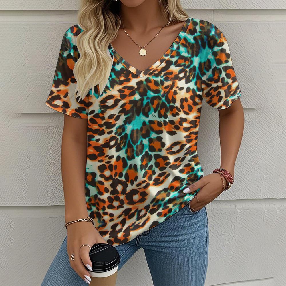 Damen T-Shirt mit Leopardenmuster Lässiges Muster Print Sommer Retro Kleidung, Outdoor V-Ausschnitt Kurzarm Street Fashion