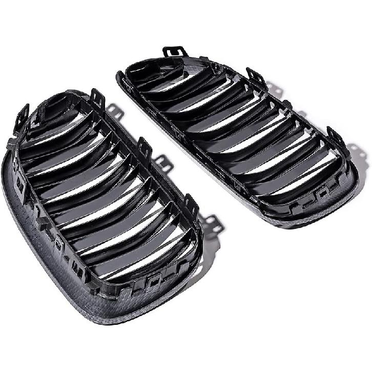 Left Right Glossy Black Carbon Fiber Dual Slats Kidney Grille Grill Compatible with 2011-2013 BMW E92 E93 325i 328i 335i 2-Door LCI, For E92 E93