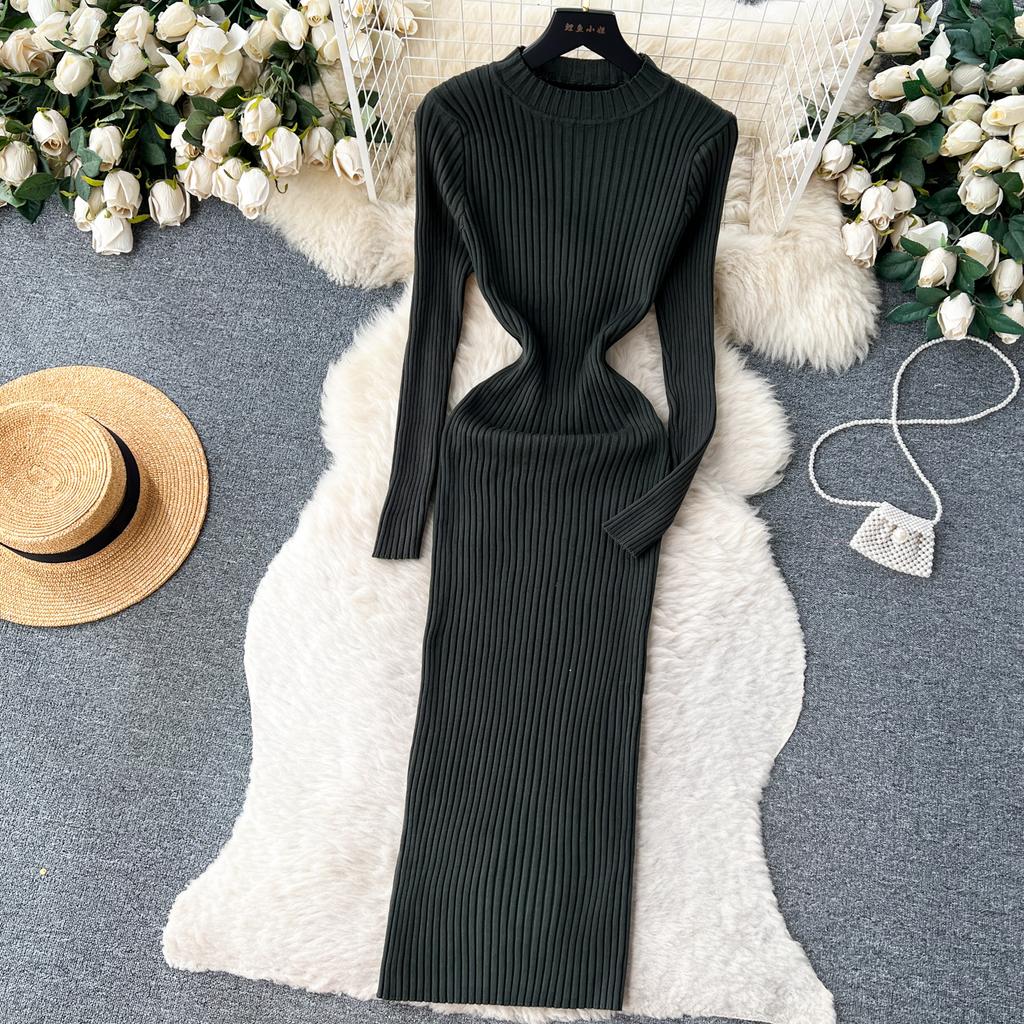 Abito aderente a maniche lunghe a maniche lunghe con scollo a O elegante elegante da donna Abito aderente in maglia aderente alla moda sexy con abiti elastici sottili