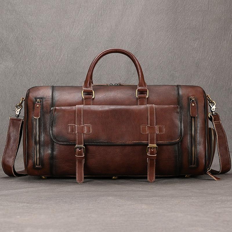 Vintage Fashion Handbags For Men Genuine Leather Travel Duffles Travelling Shoulder Bag Cowskin Hand Luggage Bags Large Duffle