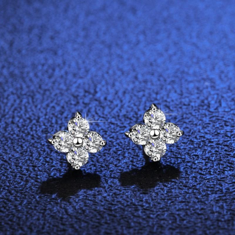 Womens Sterling Clover Stud Earrings With Moissanite Gemstone Minimalist Elegant Jewelry Wedding Gift 925 Sterling Silver