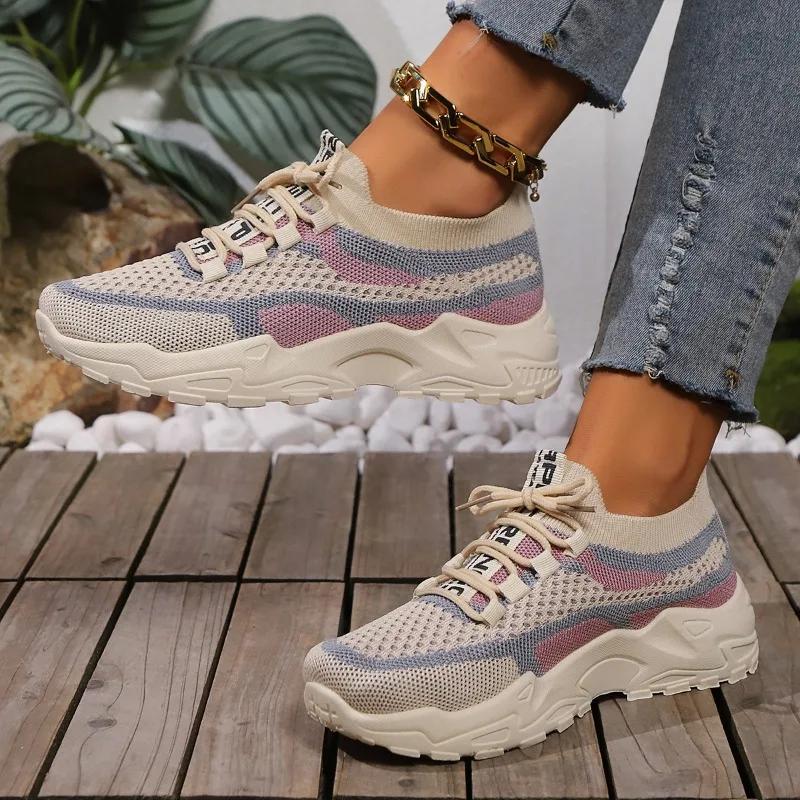 Moda 2024 Wiosna i Jesień Wysokiej Jakości Damskie Buty Modne Okrągły Nosek Kolorowy Blok Niskie Sznurowane Damskie Buty Sportowe
