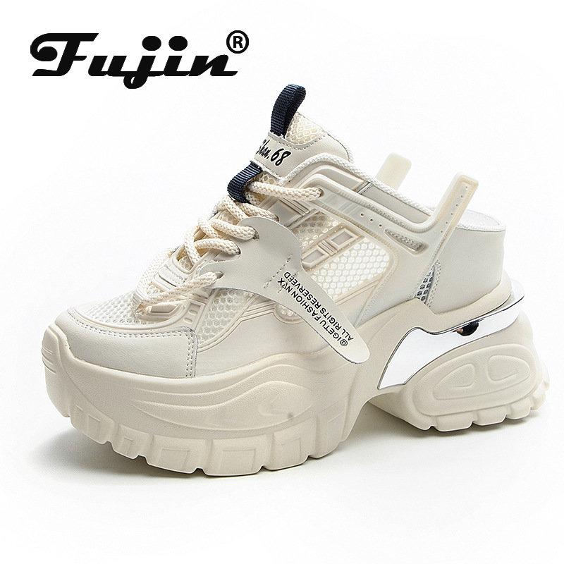 

Fujin/10,5 см, женские массивные модные кроссовки из натуральной кожи с воздушной сеткой, дышащие тапочки на платформе, удобная летняя обувь на полой платформе