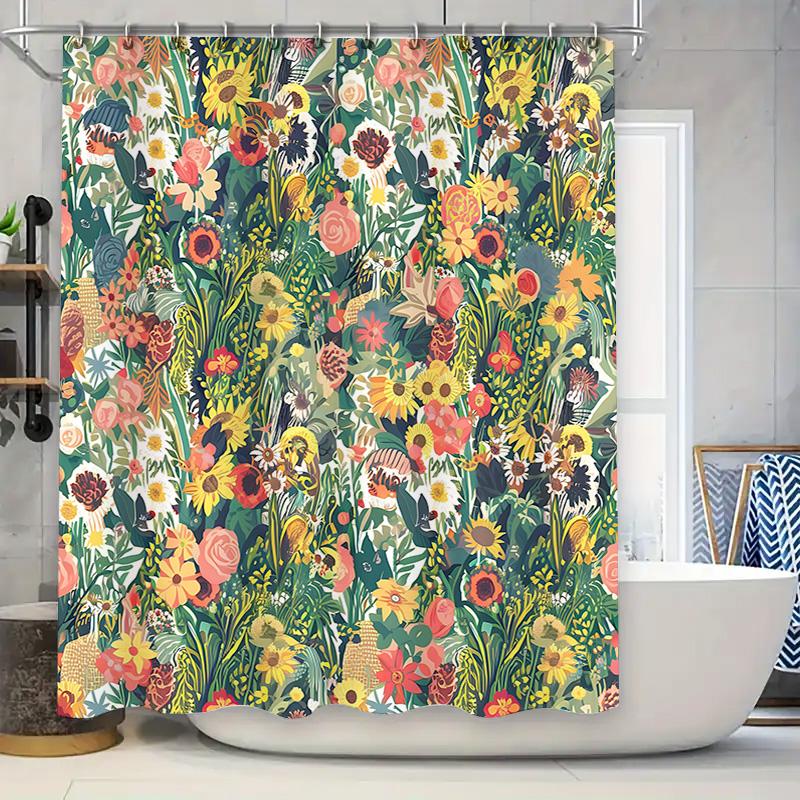 Spring Floral Shower Curtain Decorative Bath Rug Cover with Flowers for Bathroom Green Yellow Red White Colorful Shabby Chic Des
