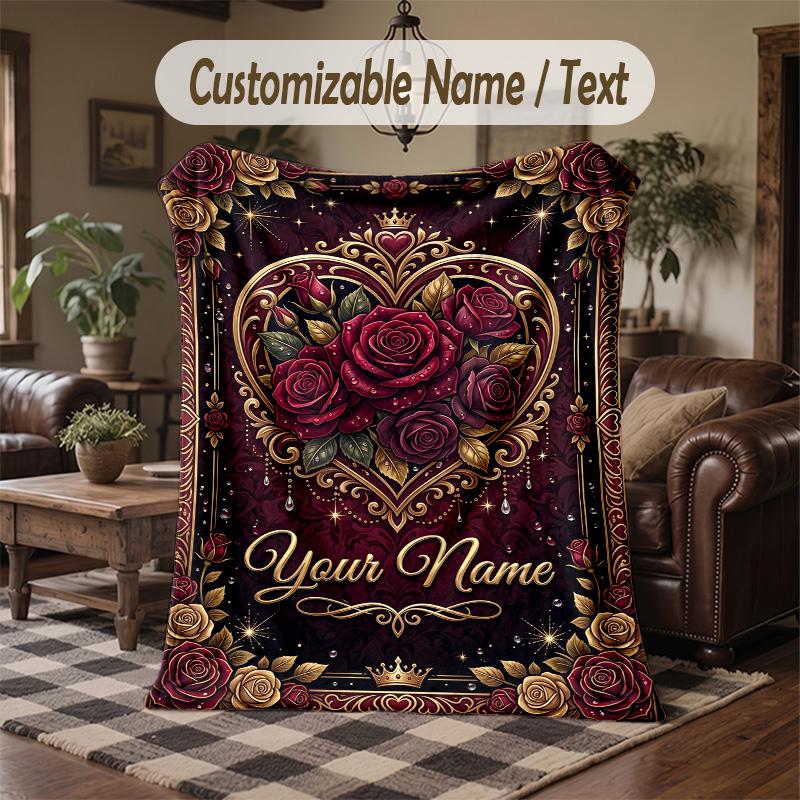 Elegant Roses Heart Frame Theme Throw Blanket Custom Name Text Personalized Blanket Soft Cozy Blanket for Home Sofa Bed