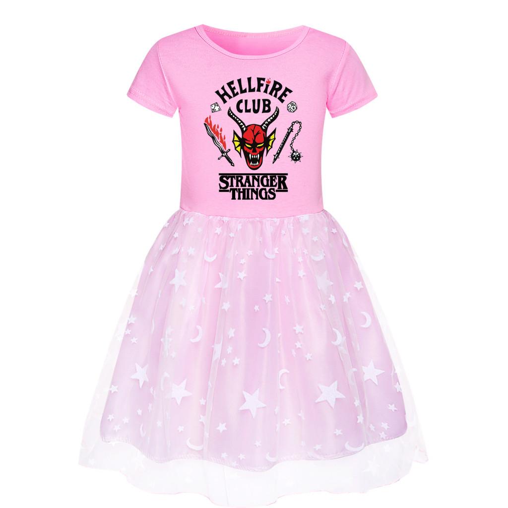 5253 Kids Girls Stranger Print Mesh Rainbow Round Neck Casual Casual Cotton Dress