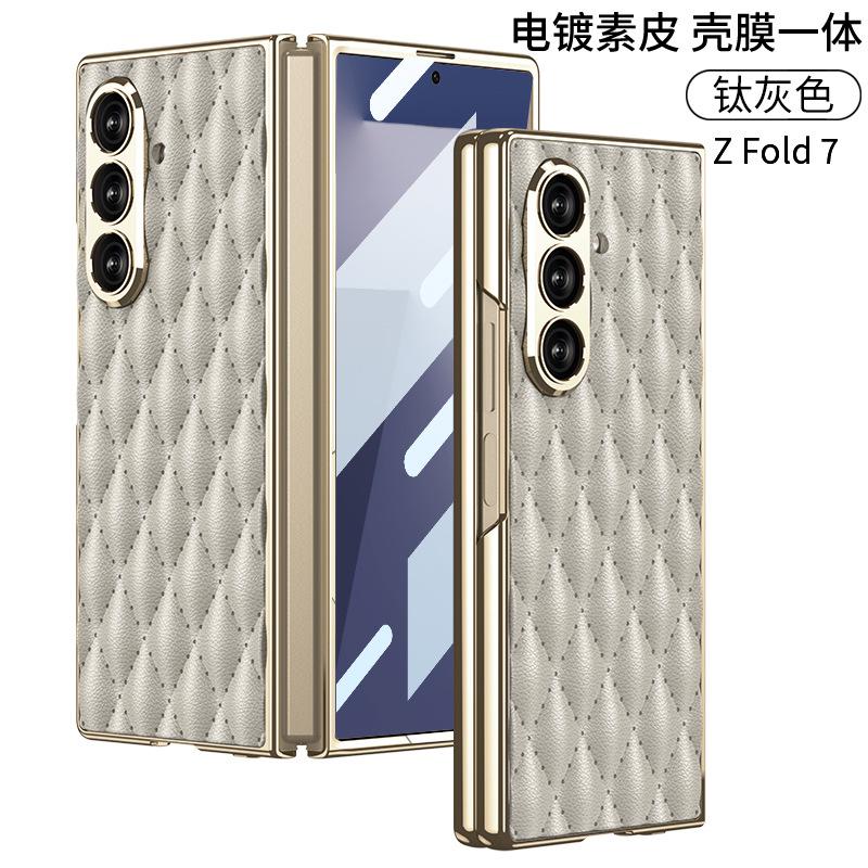 For Samsung Galaxy Z Fold 7 Case Screen Protector Embossed Grid Diamond Pattern Vegan Leather Ford7 Cover for Girls Artificial leather&Galaxy Z Fold7