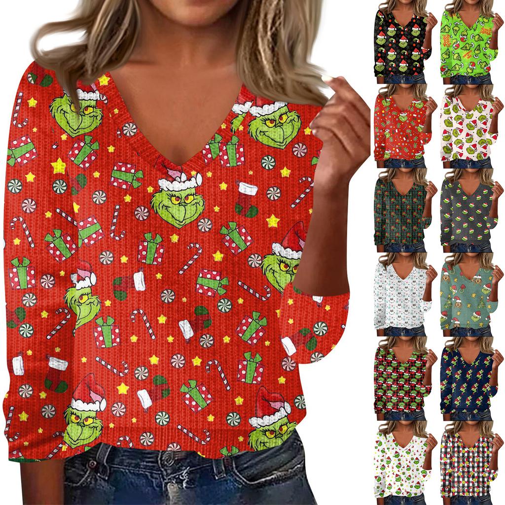 Women's Cute Sweatshirt Knitted Fashion Casual V-neck Long-sleeved  Cozy Print Top
