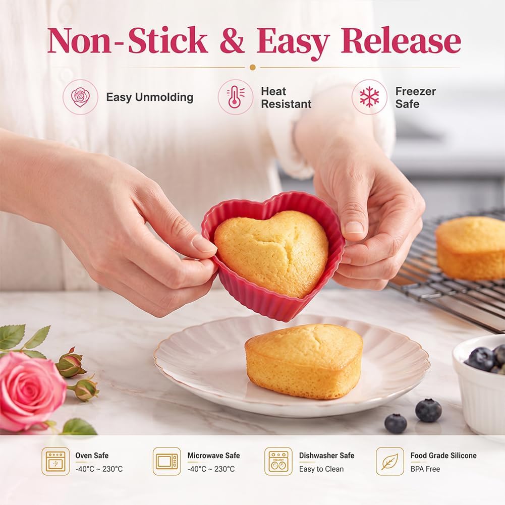 12Pcs Reusable Non-Stick Silicone Muffin Cups Cupcake Liners for Baking