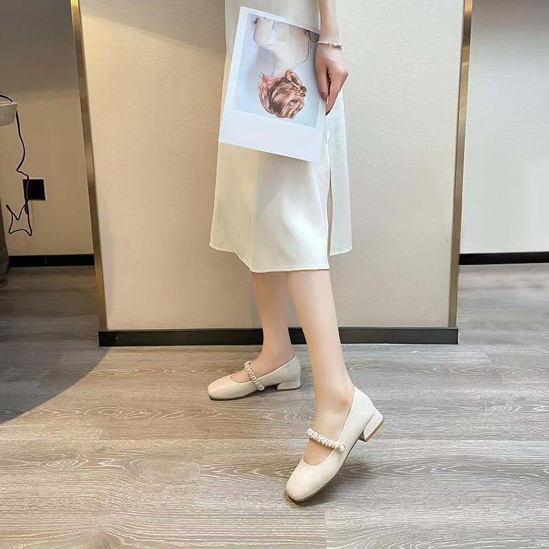 Mary Jane Women's Shoes Summer Medium and High Heel French Evening Style Small Leather Shoes Thin Single Shoes