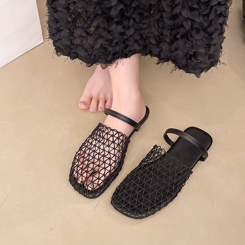 

Baotou Sandals Wear Flat-Bottomed Cool Slippers Women S Hollowed-Out Breathable Shoes Niche Summer Woven Mesh Yarn 40 чорний