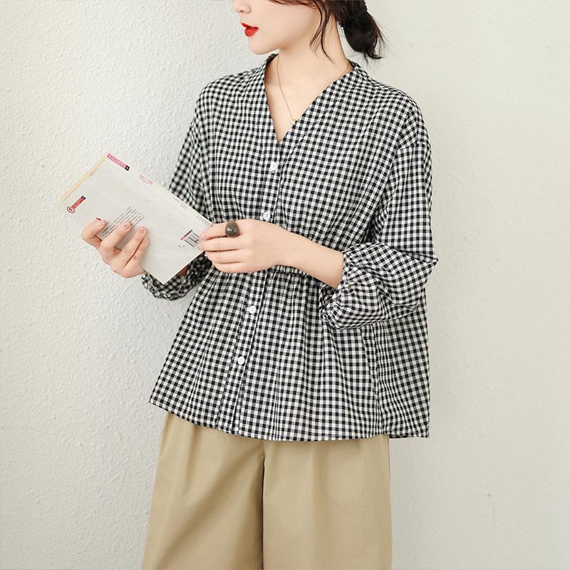 

2026 Japan Korea Artistic Linen Check Loose Women s Pullover with Waist Decoration XL