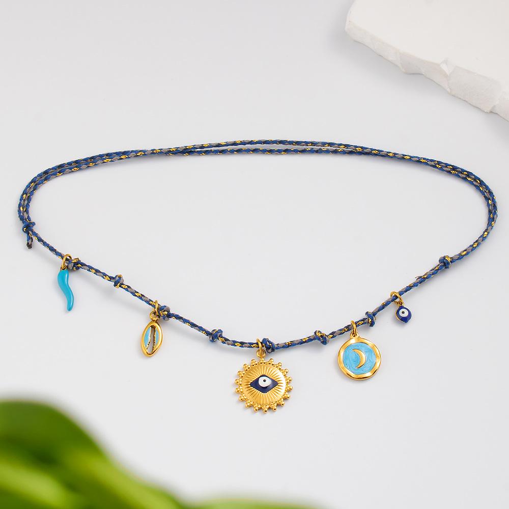 French Retro Titanium Steel Necklace with Blue Eye Moon Pendant - DIY Adjustable Light Luxury Layered Design