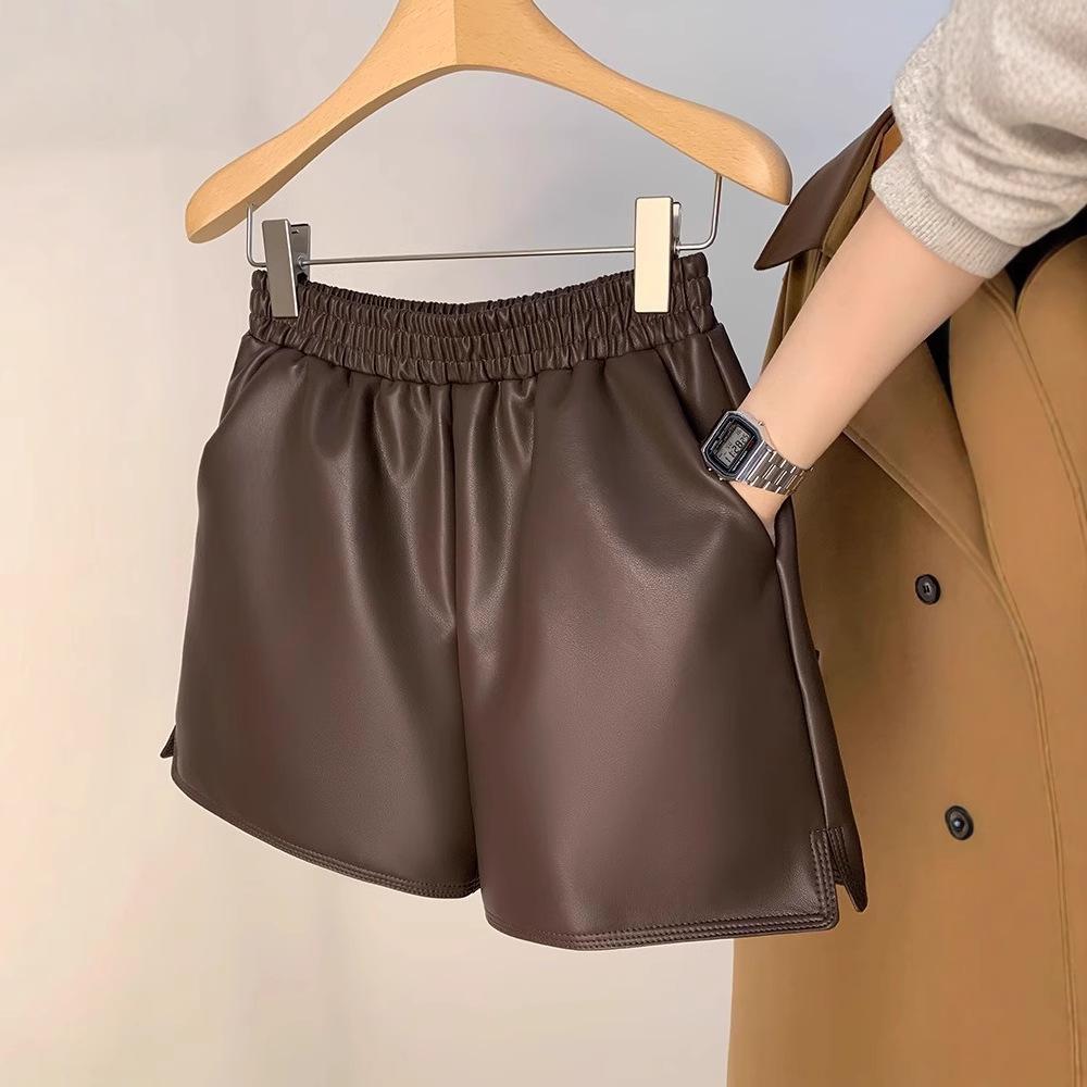 Women's Spring 2026 High Waisted Slimming Versatile PU Leather Shorts Wide Leg Elastic A-Line Outer Wear Pants Mini Shorts