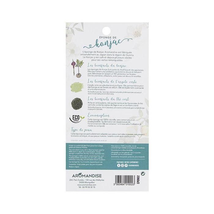 Éponge Konjac - AROMANDISE - Argile verte - Thé vert - Exfoliation douce - 100% naturelle