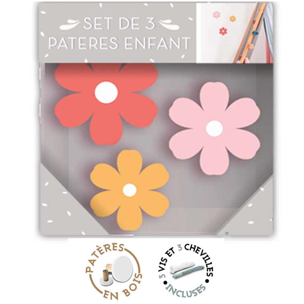 Les Trésors De Lily [R1067] - Trio of Wooden Hooks 'Flowers' Orange Pink Yellow - 8.5 Cm - 7.5 Cm and 6.5 Cm