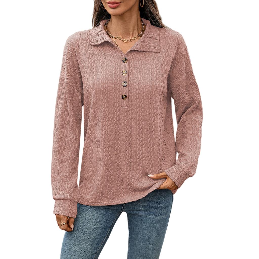 Dammode Enfärgad Revers Knäppning Sömnad Lös Långärmad T-shirt Topp