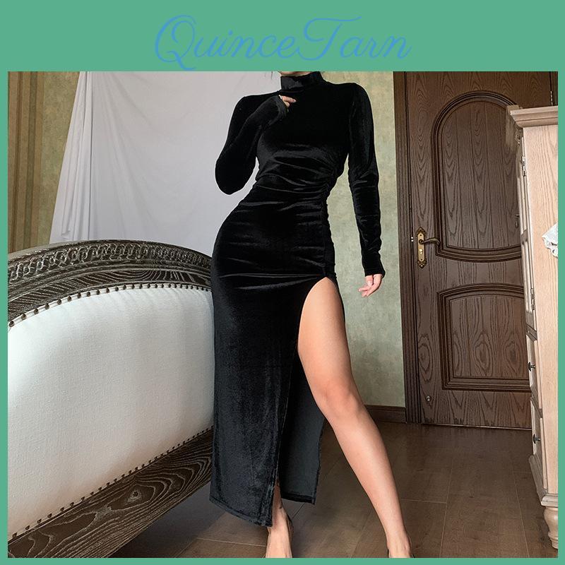 Velvet Women Winter Solid Autumn Long Sleeve Ruched Midi Dress Side Slit Bodycon Sexy Streetwear Party Elegant Club