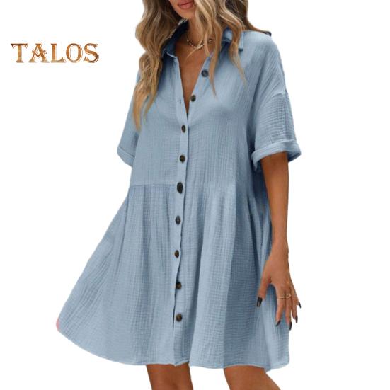 Women's Short Sleeve Shirt Dress Lapel V Neck Button Down Swing Dress Summer Casual Flowy Beach Sundress