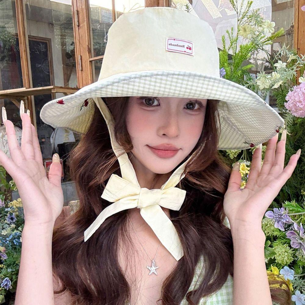 Double Sided Wearable Summer Sun Hat Ribbon Embroidered Cherry Bucket Hat Sunscreen Visor Cap  Girl