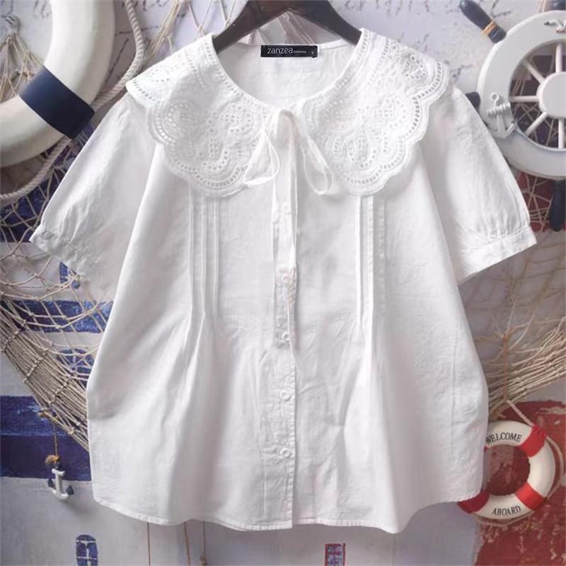 

ZANZEA Женская повседневная блузка с кружевной вставкой крючком, воротником-куклой, летняя, с коротким рукавом S