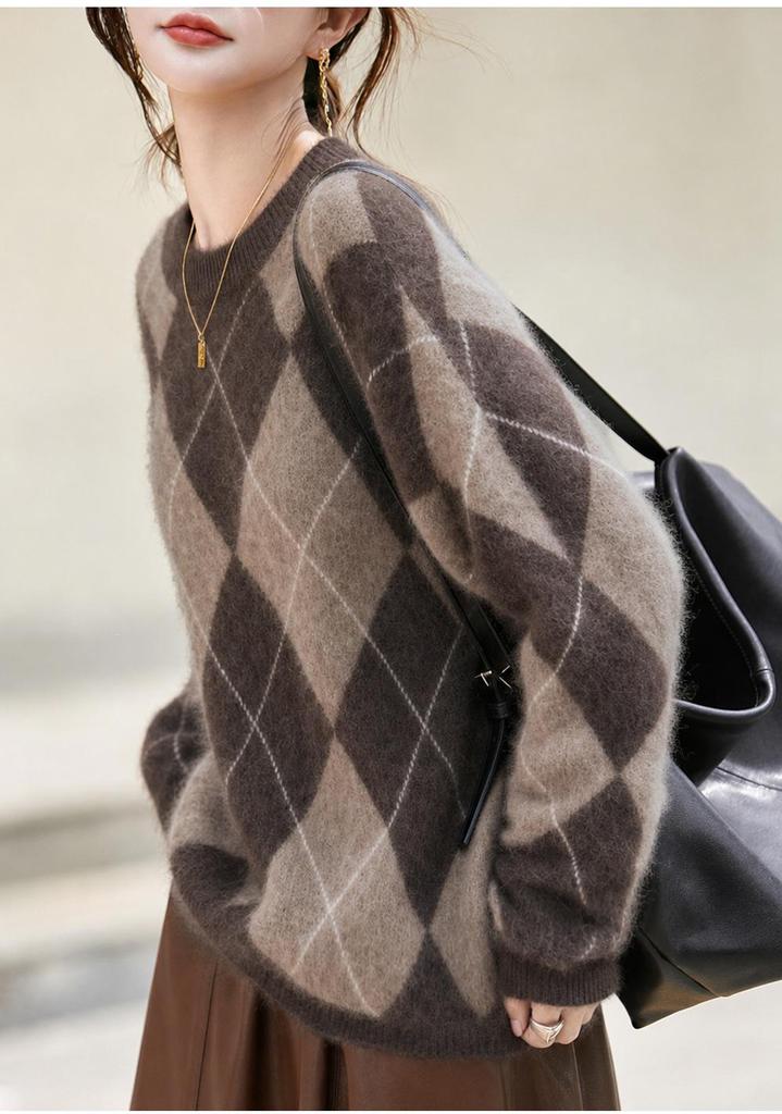 2026 A/W Women's Cashmere Wool Diamond Patchwork Knit Sweater