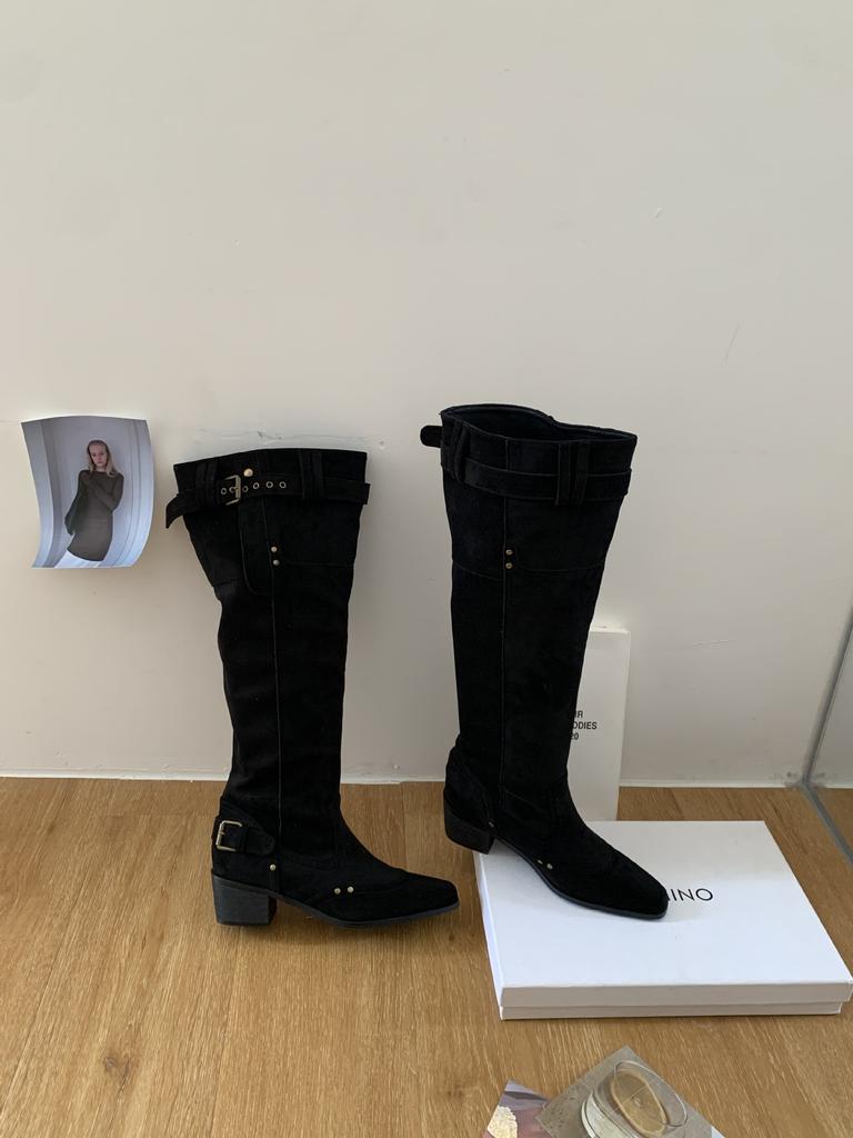 2025 retro western cowboy boots thick mid-heel boots niche design wide tube circumference square head belt buckle stacking boots