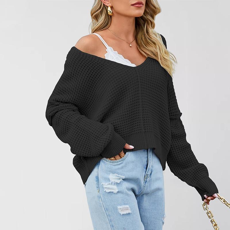 Women S V Neck Off Shoulder Knit Sweater Solid Color Casual