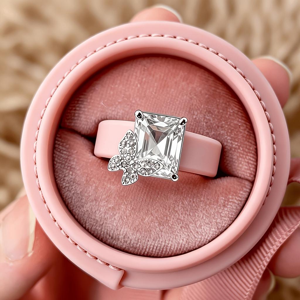 Women Pink Silicone Ring Butterfly With Radiant CZ, Hypoallergenic Daily Sport Wedding Band
