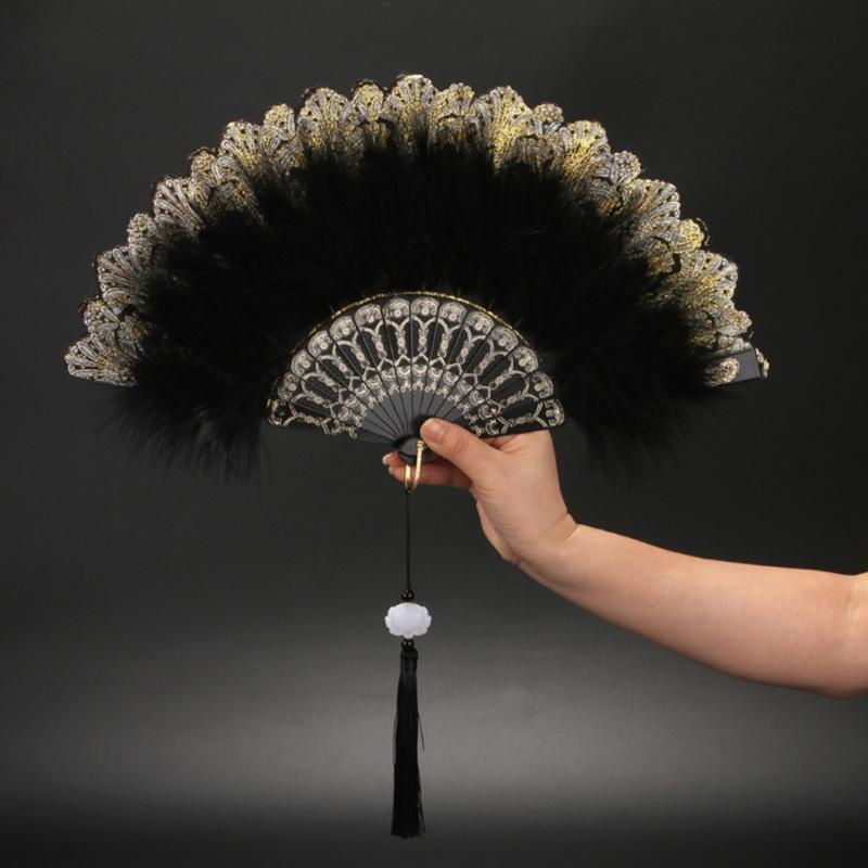 Embroidered Flower Feather Fan Vintage Hand Fan for Costume Dancing Handheld Folding Fan Performances Wedding Party