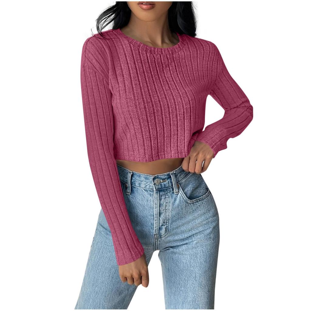 Women's Fashionable Solid Color Round Neck Long Sleeved Casual T-shirt Casual Top