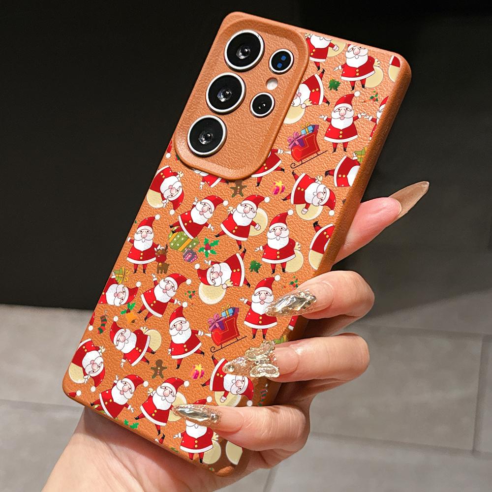 Samsung A07 Xiaomi Redmi 13C 14C for iPhone 17 Pro Max Infinix Realme Phone Cases Soft Brown Leather Pattern TPU Case NY59 Santa Claus Happy New Year