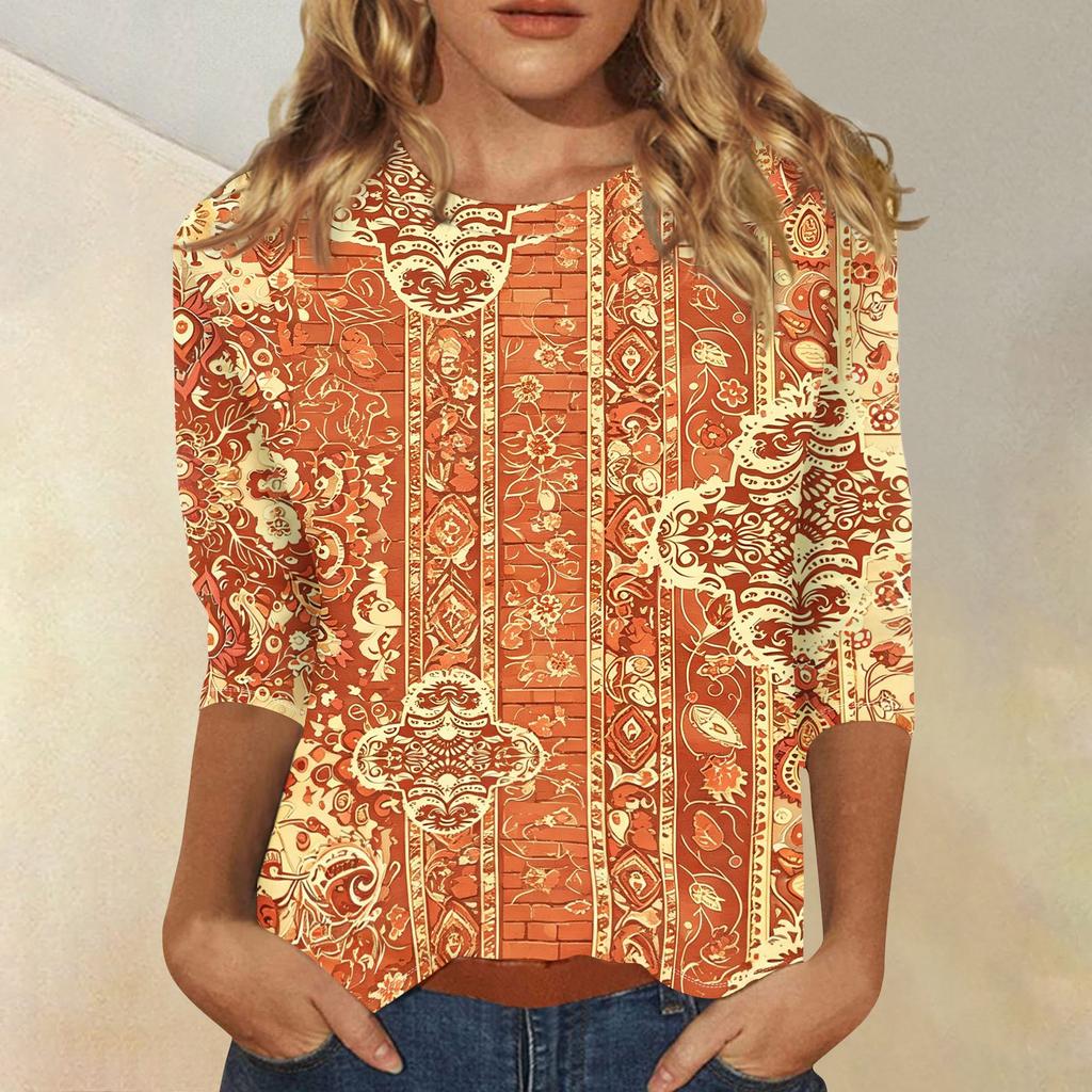 Women's Casual Loose Fit Top Three Quarter Sleeve Blouse with Fashion Printed Pattern Lightweight Comfortable Fabric