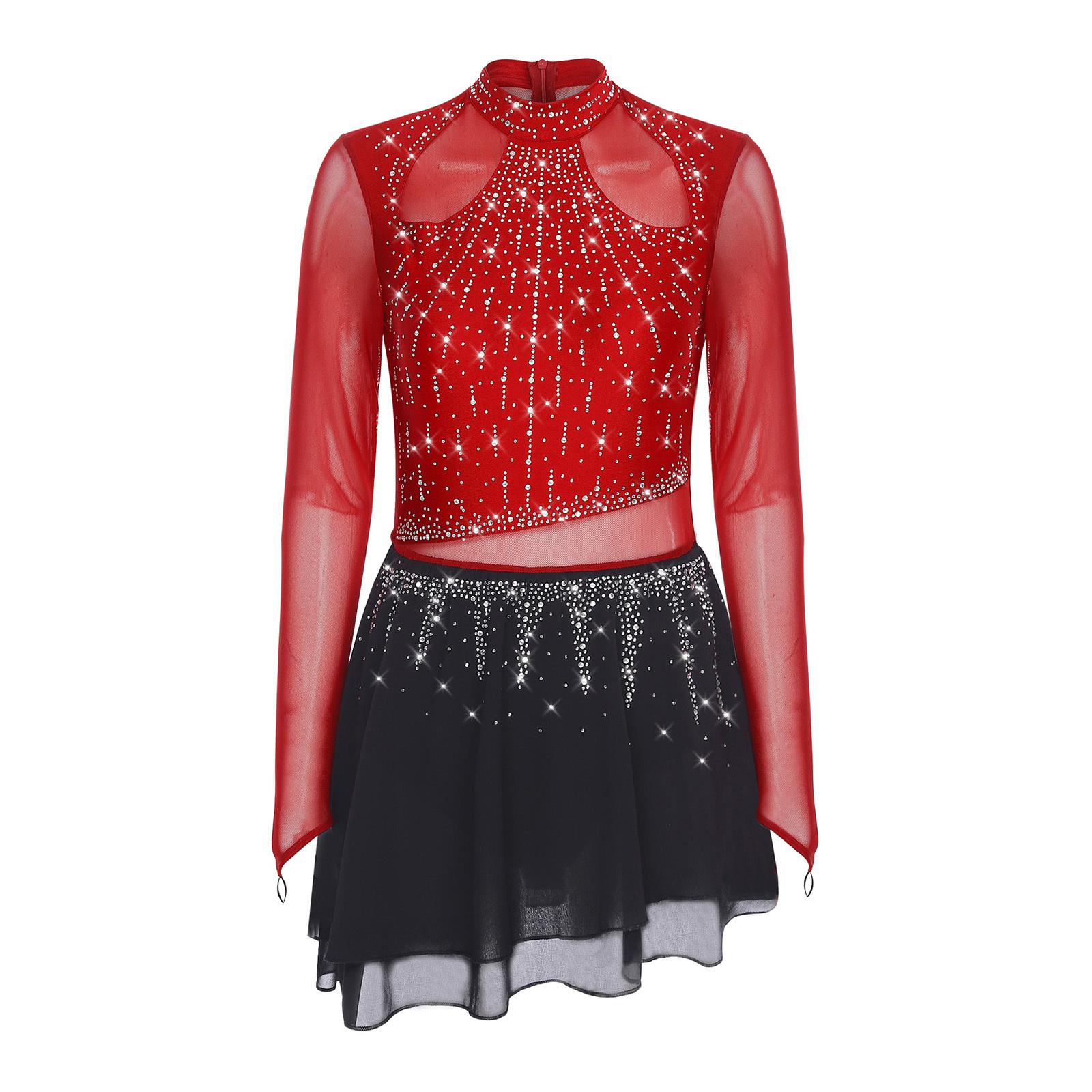 

Жіночий ліричний танцювальний купальник-сукня зі стразами, з довгим рукавом, шифоновою спідницею, боді, костюм для фігурного катання, сучасний костюм S бордовий