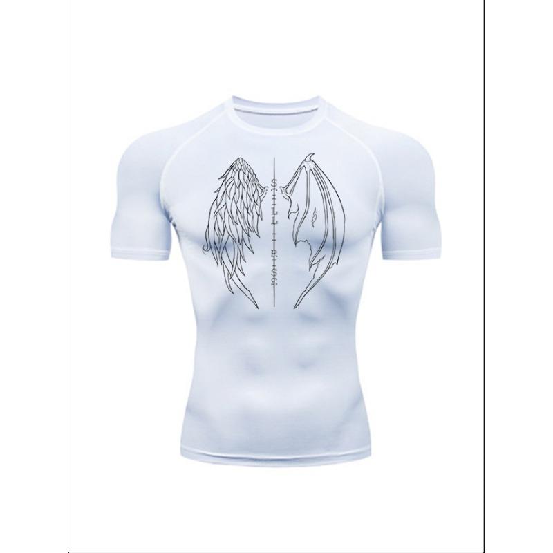 Men'S Angel Demon Wings Print Compression T-Shirt, Quick Dry Short Sleeve Gym Workout Tee, Gothic Angel Devil Athletic Fitness Training Top