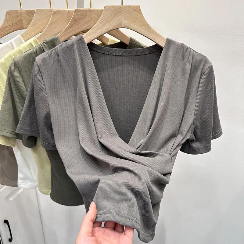 

Women s Casual Gray Wrap V Neck Ruched Ribbed Short Sleeve T Shirt S серый