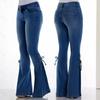 Women's Lace-up Bell Bottom Denim Pants Mid Waist Stretchy Flare Juniors Jeans Trouser Leggings