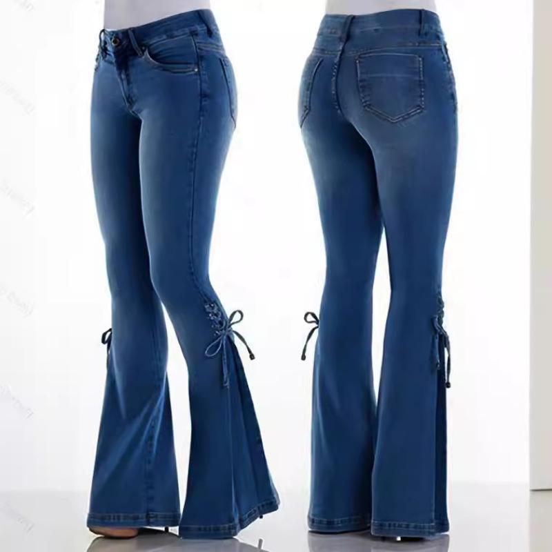 Women's Lace-up Bell Bottom Denim Pants Mid Waist Stretchy Flare Juniors Jeans Trouser Leggings
