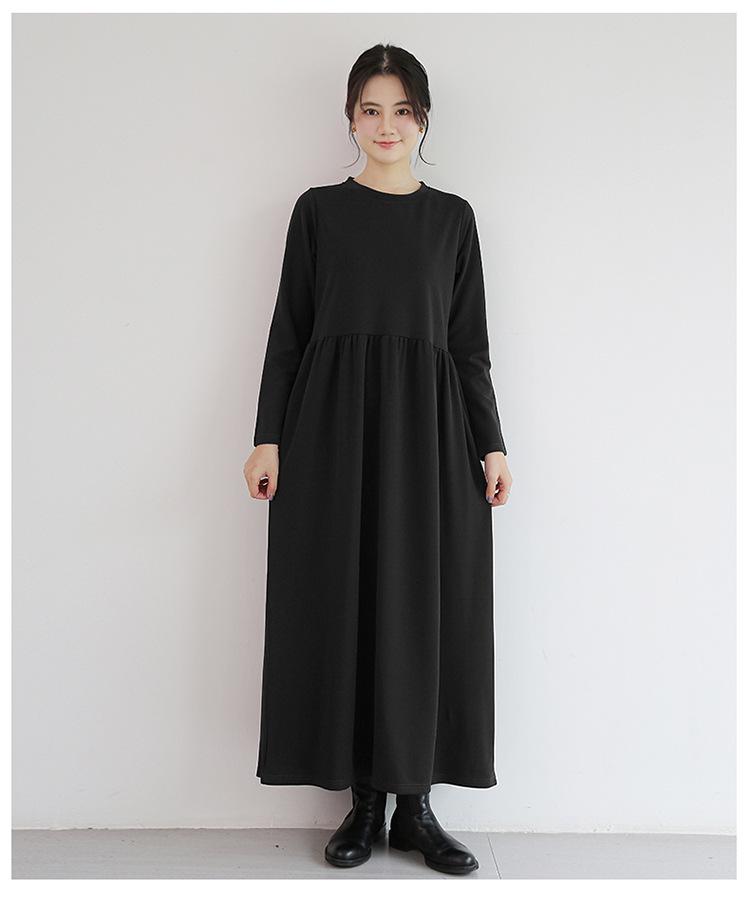 Korean Style Slim-Fit High Waist Round Neck Long Sleeve Midi Dress for Fall/Winter