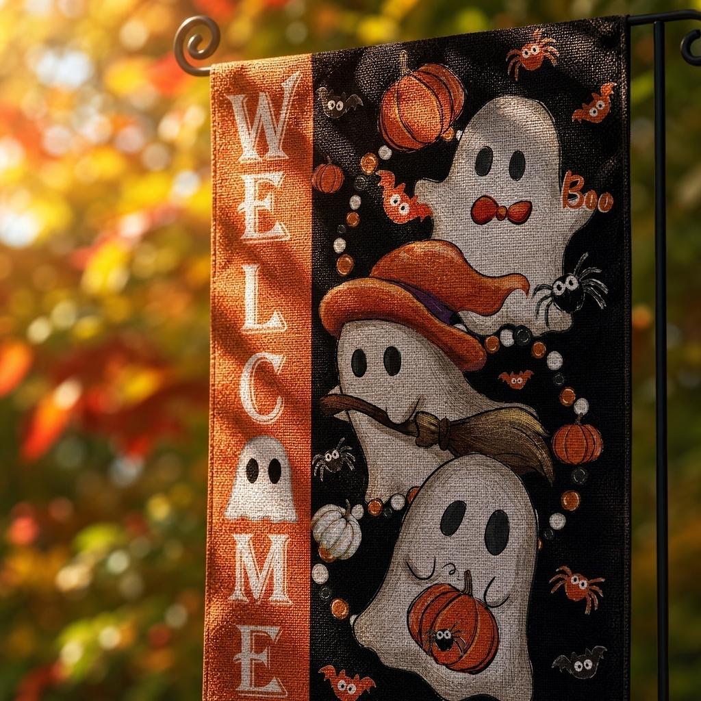 Autumn Garden Flag with Ghost and Pumpkin Print Boo Lettering Decorative Welcome Banner for Outdoor Yard 45x30cm Seasonal Decor