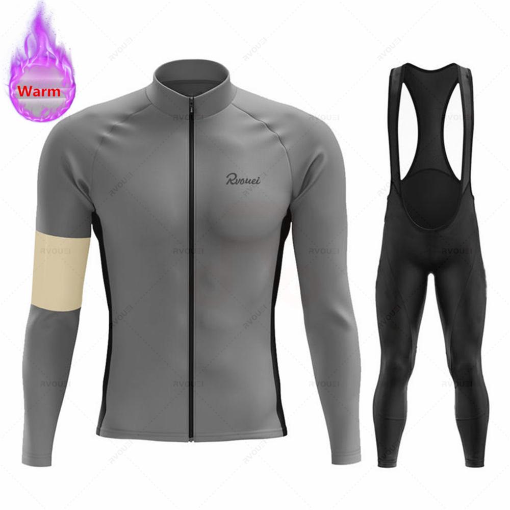 Winter Rvouei Cycling Clothing Men's Thermal Fleece Bicycling Clothing Set Outdoor MTB Bike Bib Pants Ropa Maillot Ciclismo