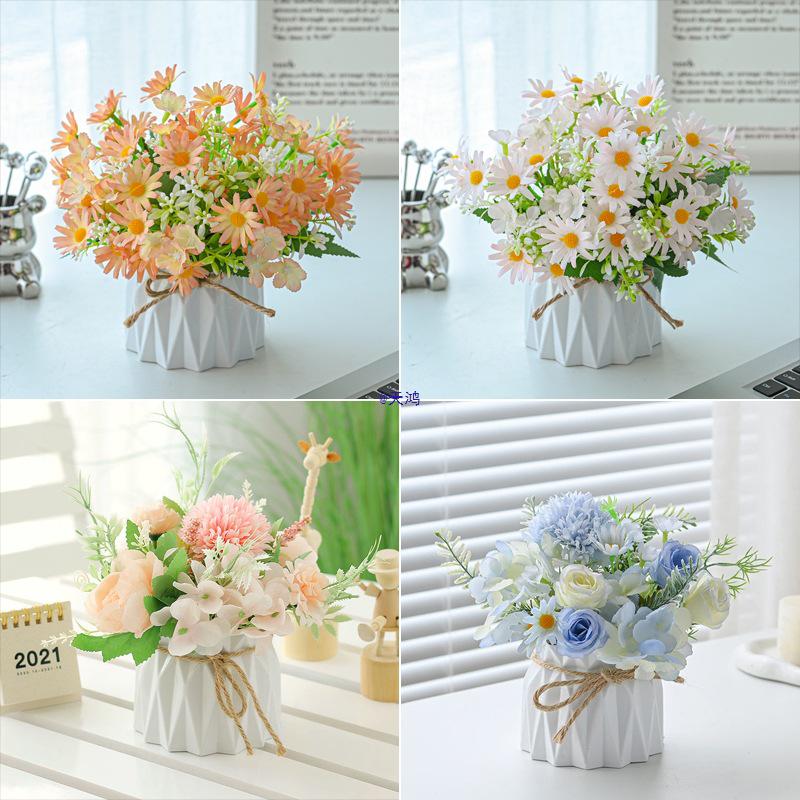 Small Artificial Potted Flower Arrangement – Fake Green Plant for Living Room Décor