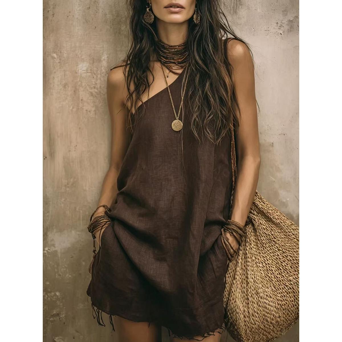 Women s Asymmetrical One Shoulder Sleeveless Loose Mini Dress Bohemian Style S