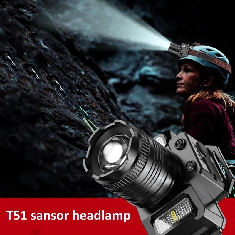 T51 Lens Light Powerful LED Induction Headlamp Rotating Zoom USB Rechargeable Head Flashlight Outdoor Camping Fishing Headlight