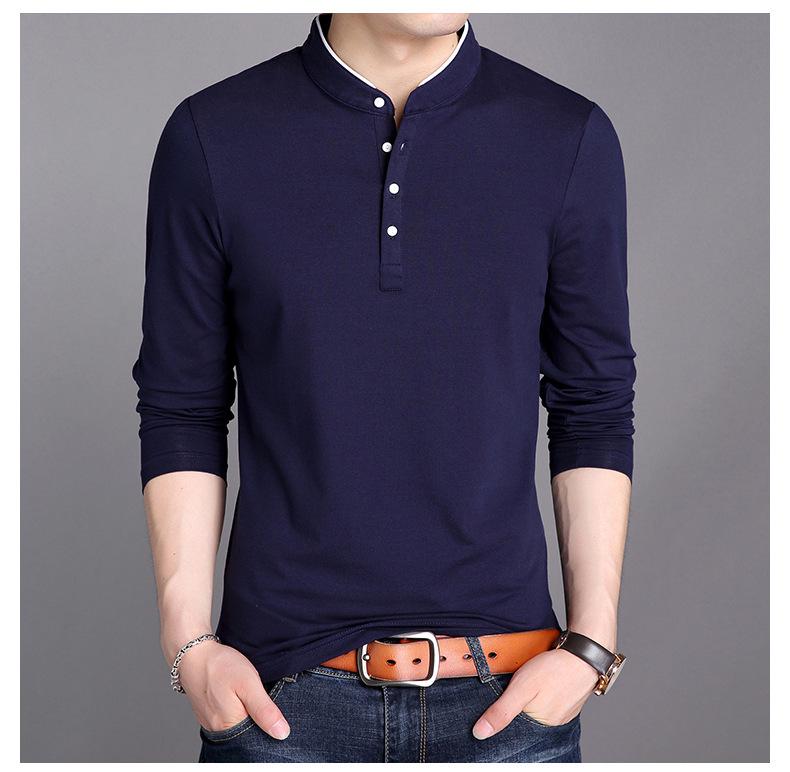 Men's Slim Fit Korean Style Stand-Up Collar Long Sleeve T-Shirt, Solid Color Spring Fashion