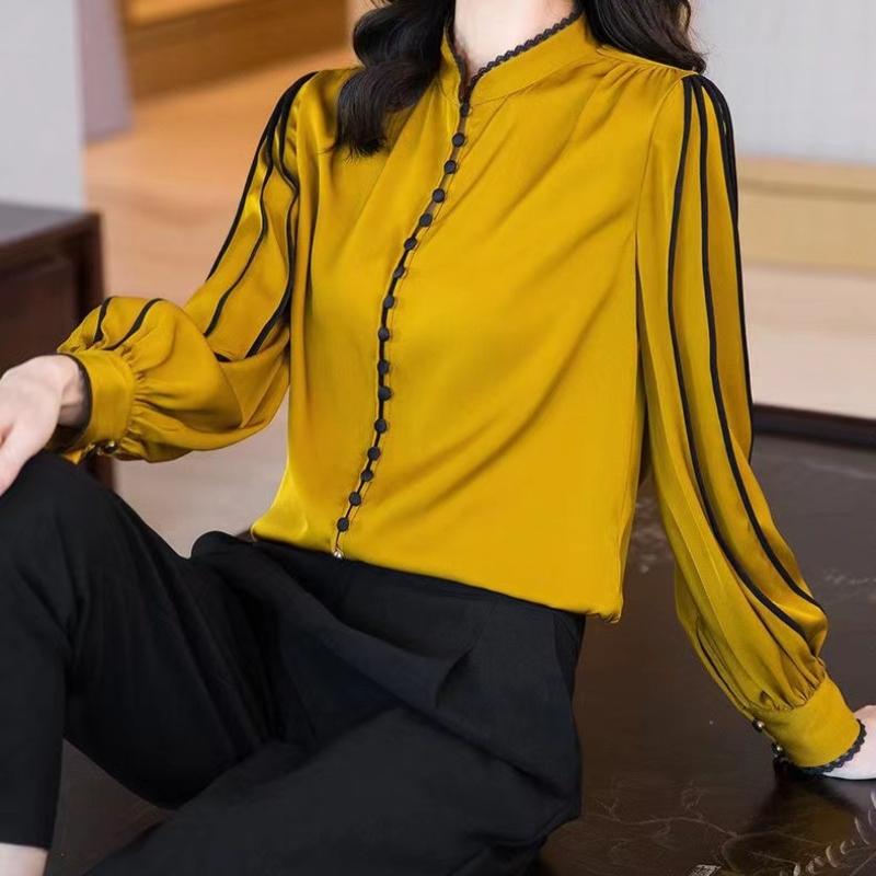 Elegant Fashion Casual Solid Satin Button Shirt Autumn  Stand Collar Long Shirt Sleeve Loose Pullovers Tops Women's Clothing